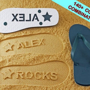Custom Name Flip Flops Personalized Sand Imprint Sandals. Available in 140 color combinations image 1
