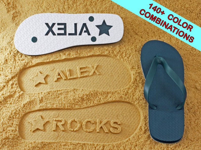 Custom Name Flip Flops Personalized Sand Imprint Sandals. Available in 140 color combinations image 1