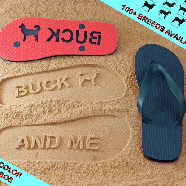 Dog Lover Flip Flops - Personalized Sand Imprint Sandals. 100+ breeds available with 140+ color combinations