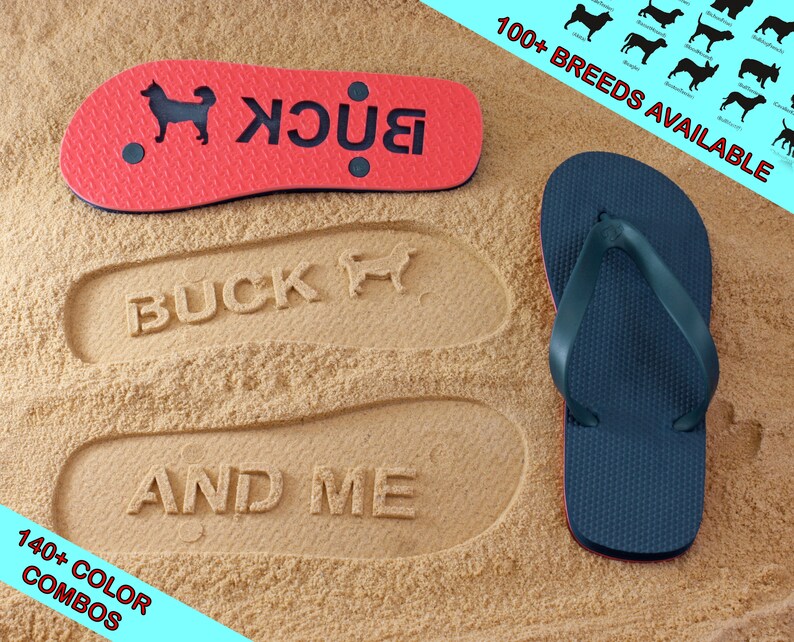 Dog Lover Flip Flops Personalized Sand Imprint Sandals. 100 breeds available with 140 color combinations image 1