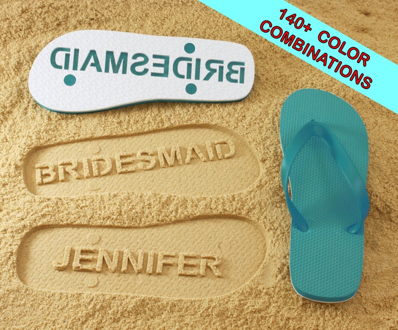 Custom Bridesmaid Sand Imprint Flip Flops Maid of Honor, Wedding & Bridal Party. Available in 140 color combinations image 1