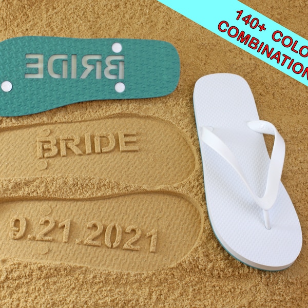 Bride Wedding Date Custom Flip Flops - Personalized Wedding Shoes for Bride & Groom or Honeymoon. Available in 140+ color combinations