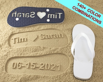 Couple's Wedding Date Custom Flip Flops - Personalized Sand Imprint Sandals. Available in 140+ color combinations