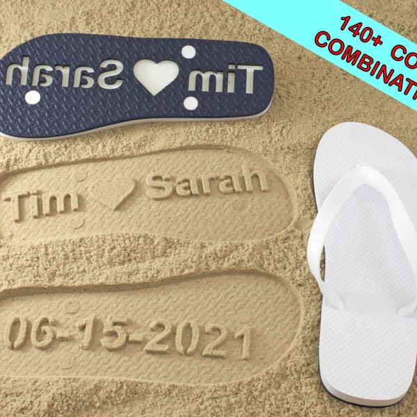 Date de mariage du couple, tongs personnalisées - sandales personnalisées avec impression sable. Disponible dans plus de 140 combinaisons de couleurs
