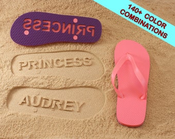 Personalized Name Flip Flops - Custom Sand Imprint Sandals. 140+ colors to choose from.