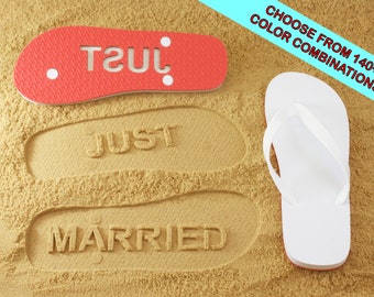 Just Married Flip Flops - Custom Sand Imprint Sandals for Beach Weddings, Bride & Groom. Available in 140+ color combinations