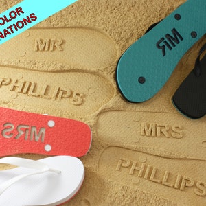 MR and MRS Wedding Flip Flops Personalized Sand Imprint Flip Flops listing if for ONE pair. Available in 140 color combinations image 1