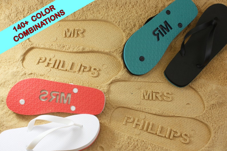 MR and MRS Wedding Flip Flops Personalized Sand Imprint Flip Flops listing if for ONE pair. Available in 140 color combinations image 1