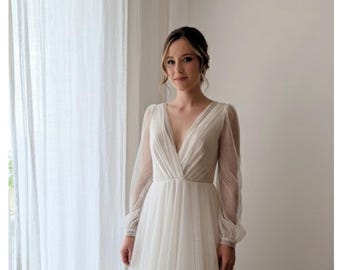 Romantic Dotted Tulle V-Neck Sleeves Wedding Dress