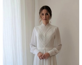 Vintage Lace Wedding Dress, High Neck Boho Bridal Gown
