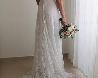 Boho Lace Wedding Dress, Minimalist A-Line Gown, Open Back Train, Spaghetti Strap Bridal