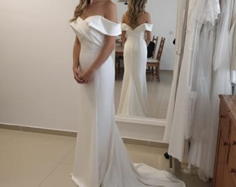 Minimalist Mermaid Satin Wedding Gown, Off Shoulder Folded Bodice Bridal Dress