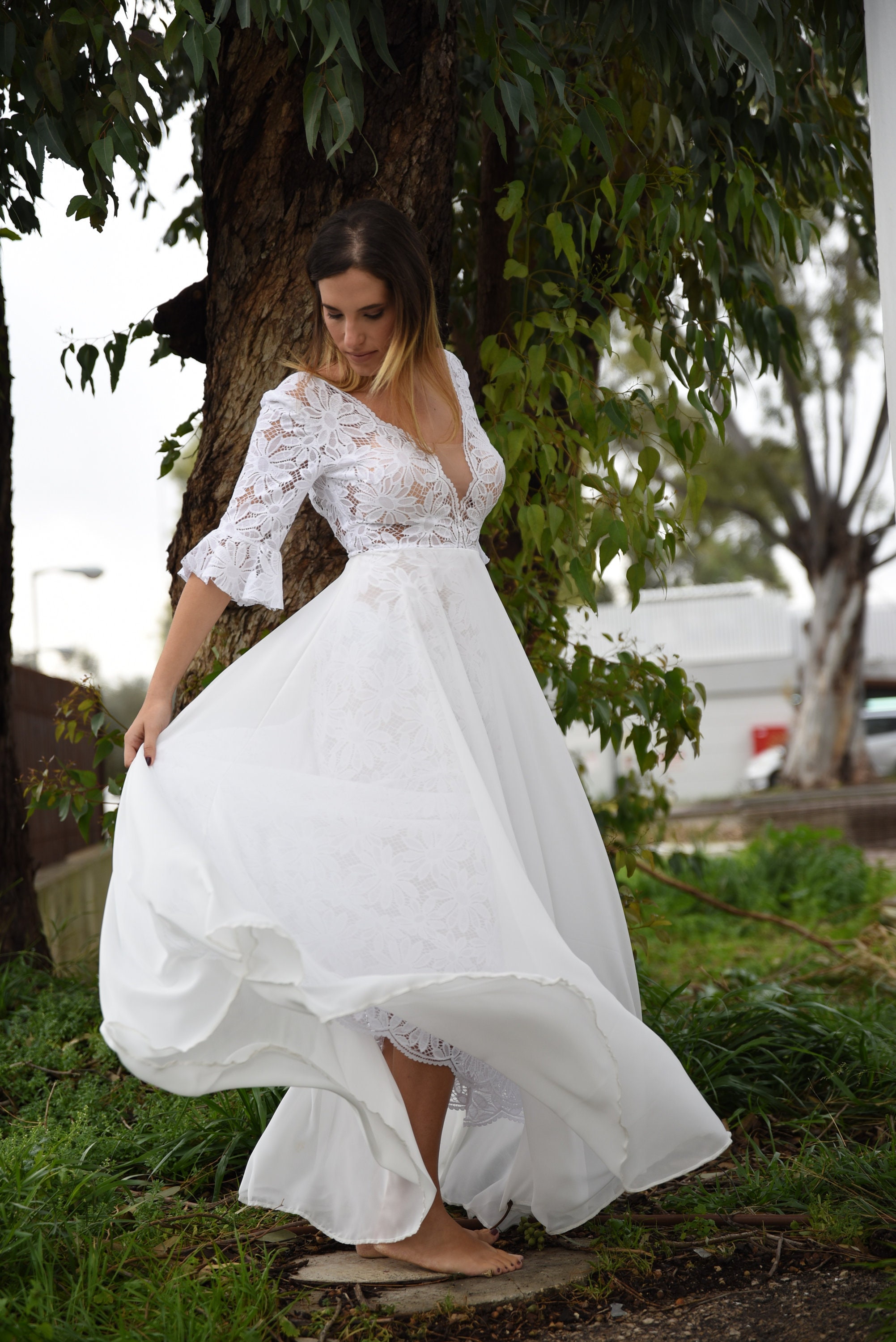Lace Polka Dot Boho with Sleeves Bohemian Wedding Dress,MW274