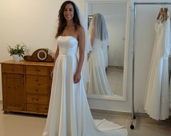 Minimalist A-Line Strapless Wedding Dress with Sweep Train, Simple Satin Bridal Gown