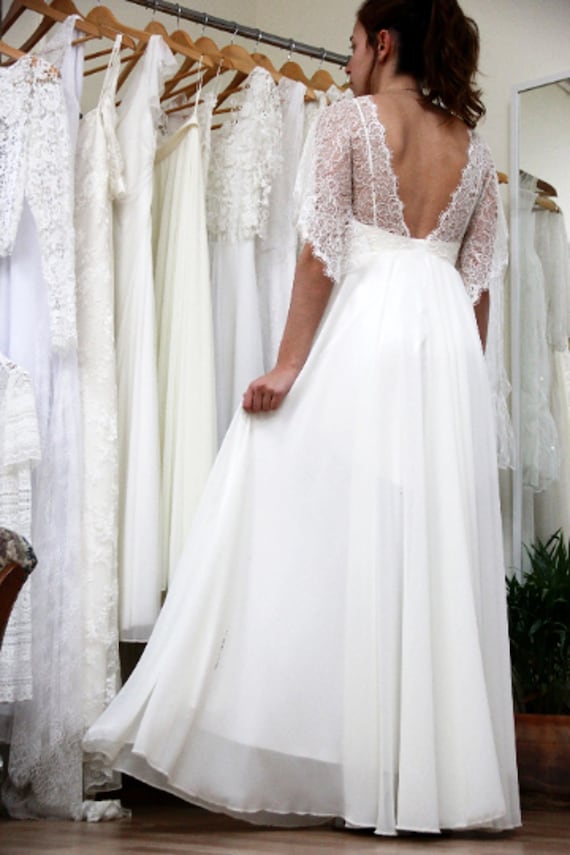 lace chiffon flutter sleeve a-line wedding dress Bridal Gown Flutter Sleeve Chiffon Bridesmaid Dress Maelle Flutter Sleeve Bridal Gown Boho Under $200 Wedding