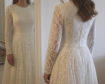 Long Sleeve Lace Wedding Dress, Modest Bridal Gown, Elegant A-Line Ceremony Dress