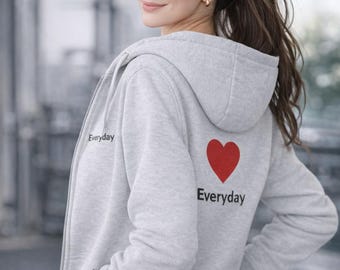 Everyday Zip Hoodie with Heart Back Print, Minimalist Streetwear, Cozy Sport Gym Casual