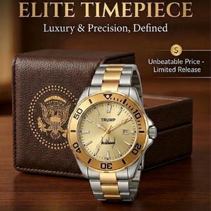 May include: A gold and silver wristwatch with the word "TRUMP" on the face, next to a brown leather box with a gold emblem. The watch has a date display and a gold bezel. The text reads "THE ELITE TIMEPIECE".