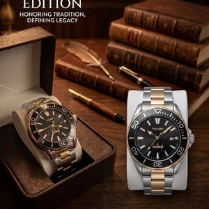 Op de afbeelding: Twee luxe horloges met zwarte en gouden wijzerplaten en zilveren en gouden banden worden gepresenteerd op een houten oppervlak. De horloges staan in een bruine doos en op een witte standaard. De tekst luidt "THE HERITAGE EDITION" en "UNCOMPROMISING LUXURY."