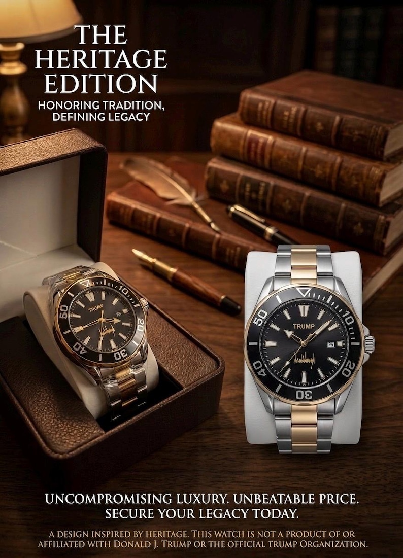 Op de afbeelding: Twee luxe horloges met zwarte en gouden wijzerplaten en zilveren en gouden banden worden gepresenteerd op een houten oppervlak. De horloges staan in een bruine doos en op een witte standaard. De tekst luidt "THE HERITAGE EDITION" en "UNCOMPROMISING LUXURY."