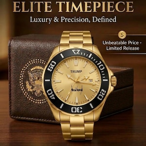 May include: Gold-toned watch with a black bezel, featuring the word "TRUMP" on the face. The watch has a gold band and is displayed with a brown case. The text "THE ELITE TIMEPIECE" and "Luxury & Precision, Defined" are at the top. The watch is a limited release.
