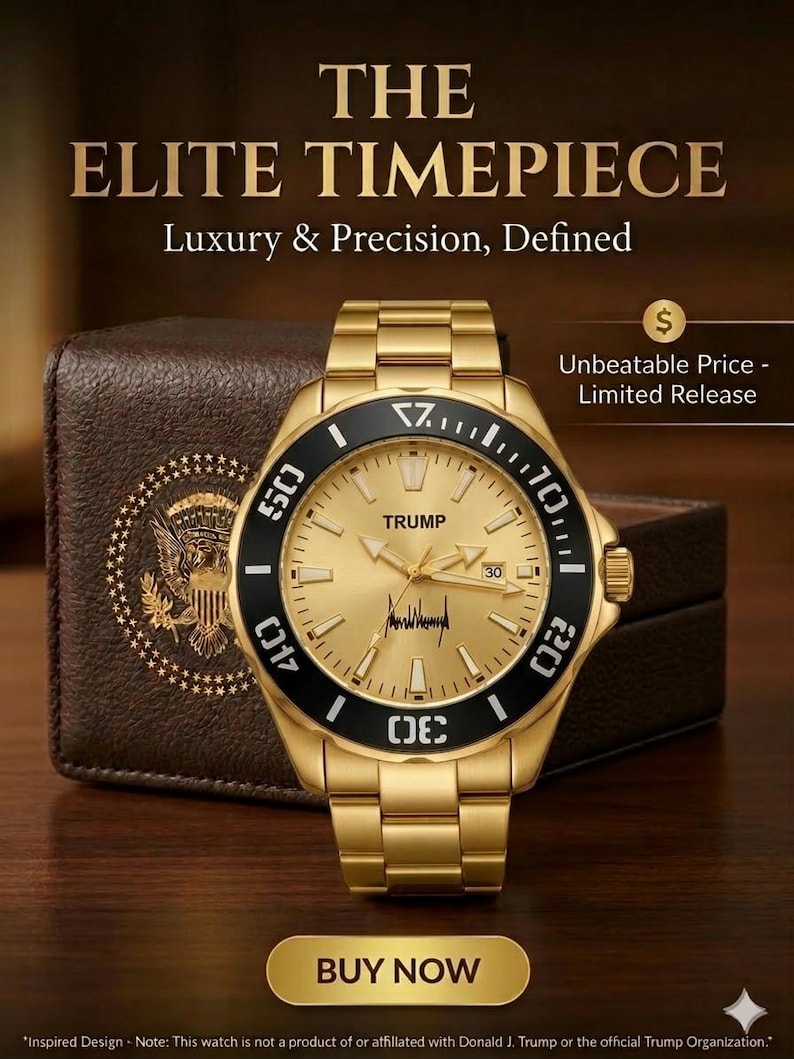 Pu&ograve; includere: Orologio color oro con lunetta nera, con la scritta "TRUMP" sul quadrante. L'orologio ha un cinturino dorato ed &egrave; presentato con una custodia marrone. Il testo "THE ELITE TIMEPIECE" e "Luxury & Precision, Defined" sono in alto. Edizione limitata.