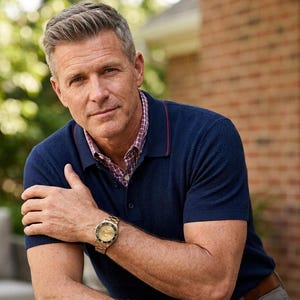 Pu&ograve; includere: Un uomo indossa una polo blu navy con una camicia a quadri rossa e bianca sotto. Indossa un orologio d'oro con quadrante rotondo. Lo sfondo comprende vegetazione e un muro di mattoni.