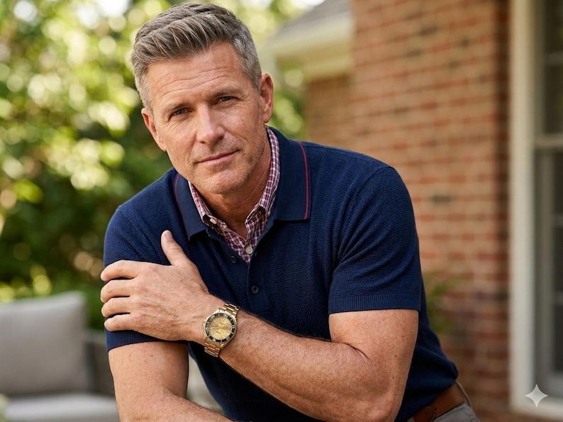 Pu&ograve; includere: Un uomo indossa una polo blu navy con una camicia a quadri rossa e bianca sotto. Indossa un orologio d'oro con quadrante rotondo. Lo sfondo comprende vegetazione e un muro di mattoni.