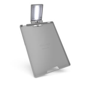 May include: A grey reading light with an integrated LED light panel. The light is attached to a grey tablet-shaped base. The text "TOOLIGHT" is printed on the base. The LED panel is rectangular and angled upwards.