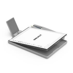 May include: A grey tablet with the word UMLAUT on the screen, a matching stylus, and a stand. The tablet is open, showing a white screen with black text. The stylus is grey with a textured grip.