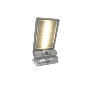 May include: A gray LED flood light with a rectangular light panel and a hinged base. The light panel is angled and emits a bright, warm light. The base has a perforated design and two small rectangular panels.