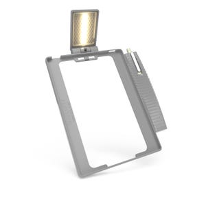May include: A gray tablet case with an attached LED light and a stylus. The light is rectangular and emits a warm glow. The case has the text "Unilist" printed on it.