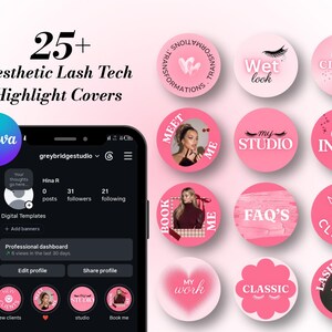 May include: A digital set of 25+ aesthetic lash tech highlight covers featuring pink circular icons with text and graphics including Wet look, Client photos, Meet me, My studio, Lash inspo, Book me, FAQ's, New clients, My work, and Classic.