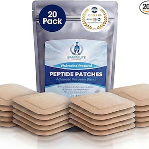 May include: A package of 20 peptide patches with the text "Wolverine Protocol" and "Advanced Recovery Blend". The patches are beige and square-shaped. The package is silver with a blue and white label and the text "As Seen On CBS".
