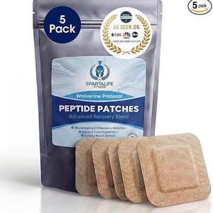 May include: A pack of five peptide patches, featuring the text "SPARTALIFE FITNESS" and "PEPTIDE PATCHES Advanced Recovery Blend". The package also includes the text "AS SEEN ON CBS abc NBC". The patches are square and beige.