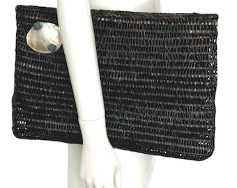Vintage 70s Mister Ernest Woven Straw Clutch | Boho Rattan Shell Detail Handbag