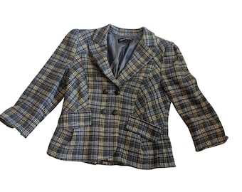 Blazer de lana a cuadros vintage Nanette Lepore para mujer, talla 12, gris y amarillo, cruzado.