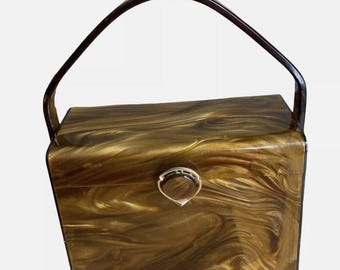 Stylecraft Miami Tiger Eye Lucite Box Purse Vintage 1960s MCM Amber Pearl Glow