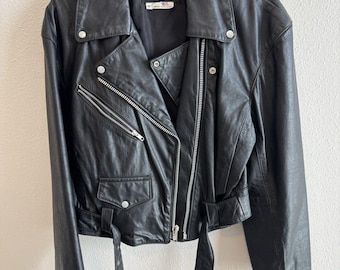 VTG Phoenix USA Leather Motorcycle Jacket Black Cropped Belted Moto 90s M