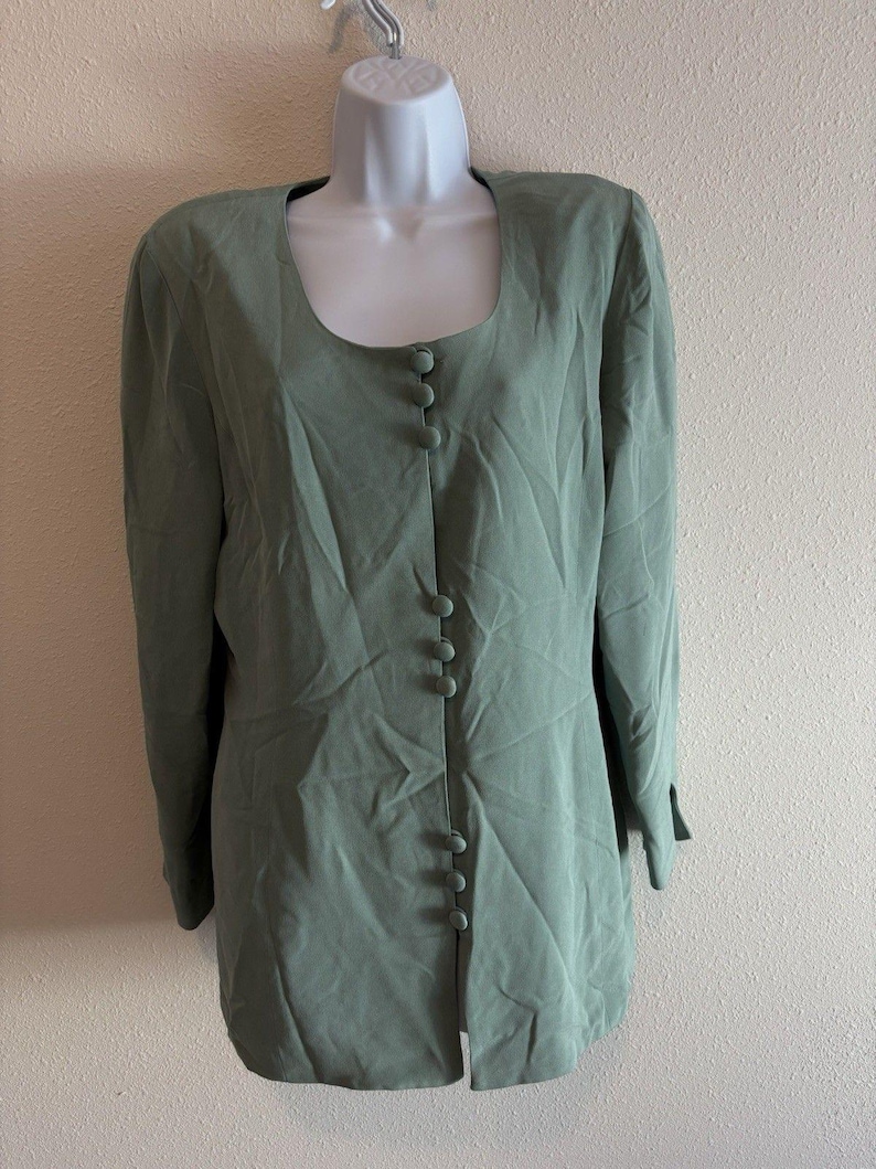 Vintage Adrianna Papell 100% Silk Blazer Green Size 12 80s 90s Career Workwear image 1