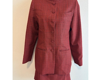 Annesco Skirt Suit Set Women S Red Black Glen Plaid Vintage Mandarin Collar 90s