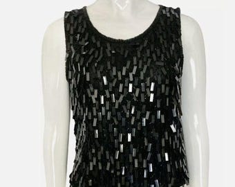 Vintage STENAY Black Sequin Beaded Silk Blouse - 90s Evening Party Top - M