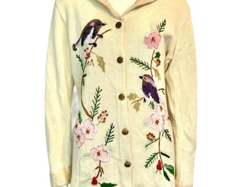 Storybook Knits Chickadee Cardigan Bird Floral Beaded Embroidered Cream M/L