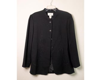 Jessica Tierney 100% Wolle Blazer 14 Schwarz Bestickter Stehkragen Vintage