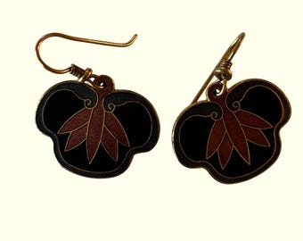 Brincos Laurel Burch Pretos Vintage em Cloisonné Esmaltado Estilo Boho com Pingente