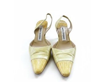 Vintage Manolo Blahnik Slingback Pumps 36 Yellow Snake Embossed Pointed Toe