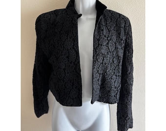 Herman Geist Vintage 80s Lace Blazer 8 Black Cropped Velvet Trim Goth Jacket