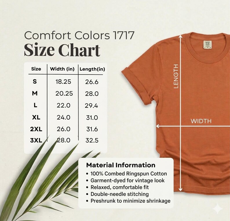 May include: A rust-colored t-shirt with a size chart and material information. The size chart shows measurements in inches for sizes S to 3XL. The material information states the shirt is 100% combed ringspun cotton and garment-dyed.