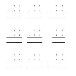 May include: A white sheet of paper with several subtraction problems written in black ink. Each problem consists of two numbers above a line, with a subtraction sign and a third line below for the answer.