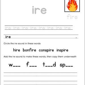 Pode incluir: Uma folha de exercícios educativa branca intitulada Let's practise! com o texto ire, um gráfico de uma chama e a palavra fire. Inclui linhas para traçar as letras ire, uma tarefa para circular o som ire e exercícios de preencher lacunas.